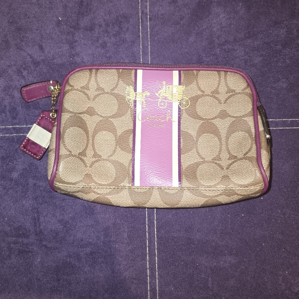 Coach Heritage Stripe Signature Purple Makeup Bag